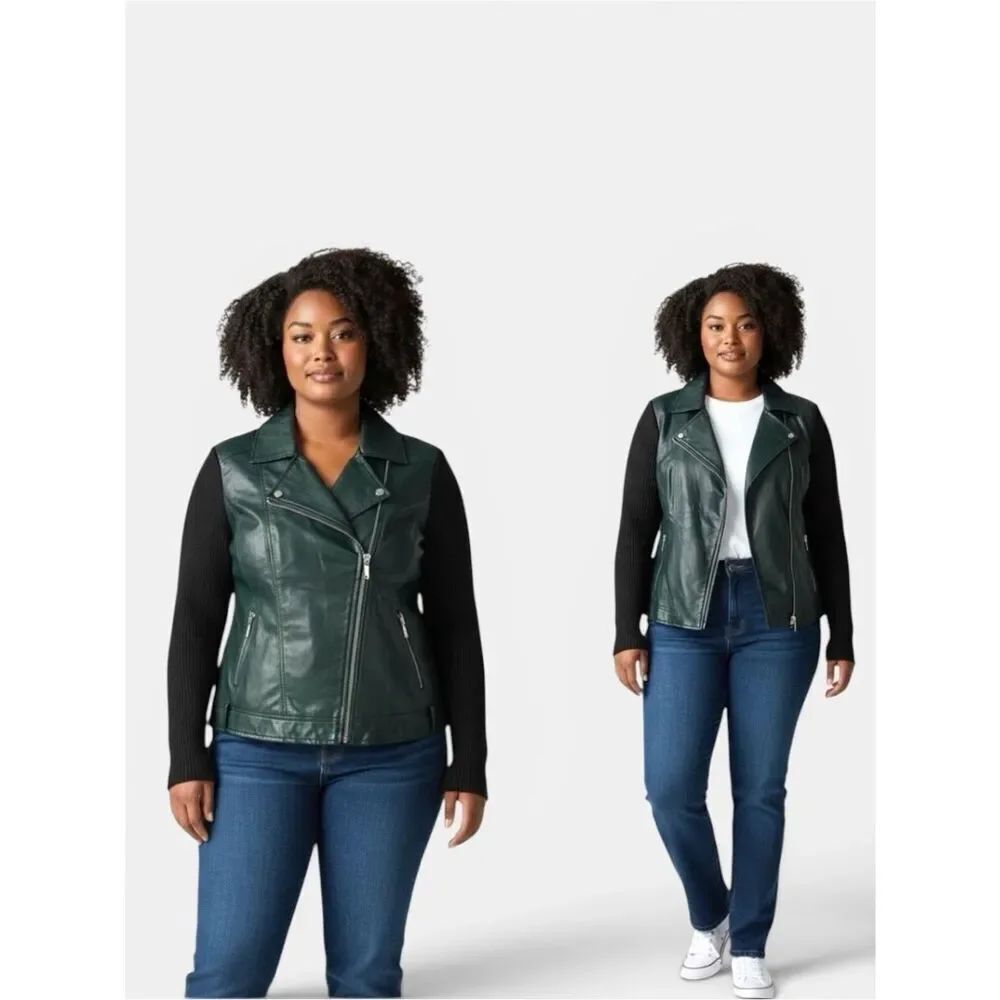 NWT Linea by Louis Dell'Olio Green  Leather Moto Jacket Knit Details 22W Vtg